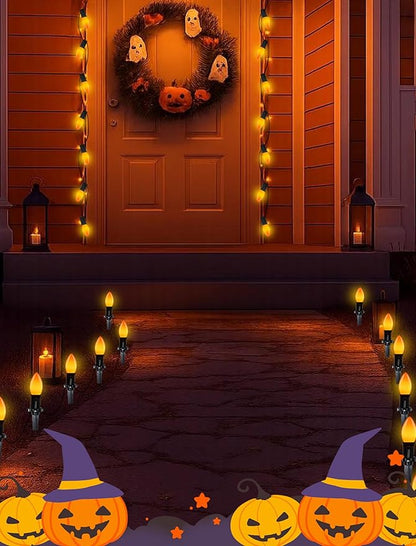 25FT LED Halloween Outdoor String Lights with 26 C9 Candle Shape Shatterproof Plastic Bulbs,2700K Waterproof Connectable Orange LED String Lights for Home Garden Halloween Christmas Fall Decor