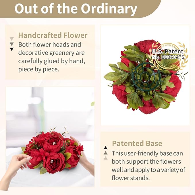 NUPTIO Peony Artificial Flowers for Centerpieces: 2 Pcs 9.4 inch Diam Red Faux Peony Flowers Fake Flower Balls Arrangement Bouquet Wedding Centerpieces for Tables Wedding Centerpiece Decorations