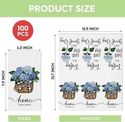 Horaldaily 100 Disposable Paper Decorative Guest Napkins, Blue Hydrangea Bouquet Sweet Home Hand Towel for Party Lunch Dinner Kitchen Bathroom