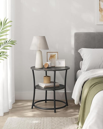 VASAGLE 21.7-Inch Round Side Table, 2-Tier End Table, Nightstand with Steel Frame, Spacious Top, for Small Spaces, Living Room, Bedroom, Misty Gray and Ink Black ULET056G68