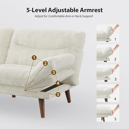Pipishell Futon Sofa Bed, 66 Inch Corduroy Futon Couch Convertible with Adjustable Backrest and Armrests, Recliner Sleeper Sofa for Small Spaces, Living Room, Office, Guest Room (White, 66 Inch)
