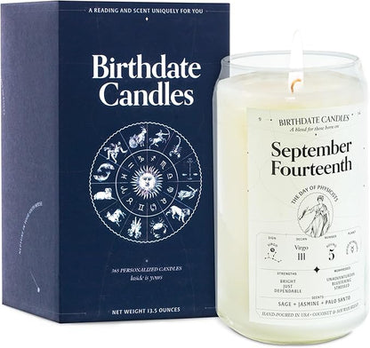 The Original Birthdate Candles, September 14 - Virgo Zodiac Scented Candles Birthday Gift - Sage, Jasmine & Palo Santo Scent - All-Natural Soy & Coconut Wax, 60-80 Hour Burn Time - Made in USA