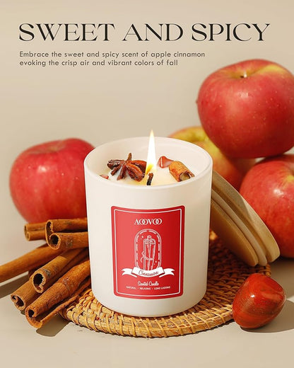 AOOVOO Apple Cinnamon Scented Candles for Women - Aromatherapy Candle with Crystals Inside, 10oz Soy Candles for Home Scented, Birthday Gifts Christmas Candle for Women Mom