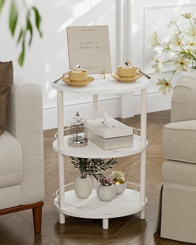 Small Nesting Coffee Table - 3-Tier Oval Accent Table for Small Spaces, Rustic Wood and Metal Couch End Table, Nightstand for Bedroom or End Table Living Room, Easy to Assemble, Marble White