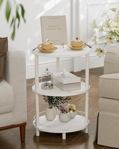 Small Nesting Coffee Table - 3-Tier Oval Accent Table for Small Spaces, Rustic Wood and Metal Couch End Table, Nightstand for Bedroom or End Table Living Room, Easy to Assemble, Marble White