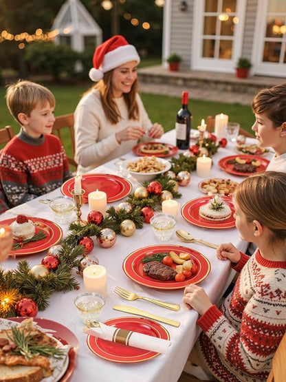 175 Pieces Red Plastic Plates with Gold Rim Include Dinner Plate 10”, Dessert Plate 7”, gold Cups 9 OZ, Pre Rolled Napkins 25 of each type for Christmas Party