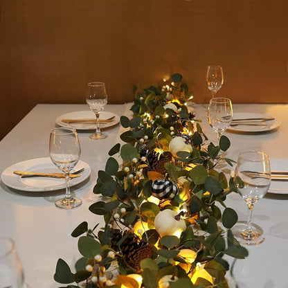 Fall Garland with Lights,Eucalyptus Garland with Berries Pumpkins Pinecone，Farmhouse Mantle Table Garlands for Thanksgiving Christmas Home Decor