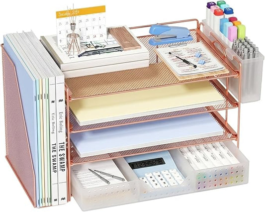 Desk Organizer, 4-Tier Paper Organizer Letter Tray with File Holder, Drawer and 2 Pen Holders, Desktop File Organizer for Office Supplies, Workspace Storage, Rose Gold