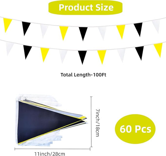 100 Feet 60 Pcs Yellow White and Black Pennant Banner Flag String Hanging Triangle DIY Flag, Bunting Streamers Decoration for Grand Opening, Birthday, Wedding Celebration(Yellow White & Black)