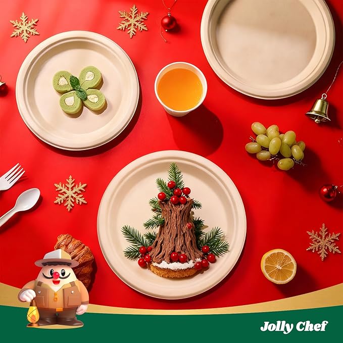 JOLLY CHEF Compostable Heavy Duty Plates 9 Inch [300 Pack] Eco-Friendly Disposable Natural Paper Plates Bagasse Biodegradable Bulk for Party Dinner Sugarcane Fibers Lunch Christmas (Brown)