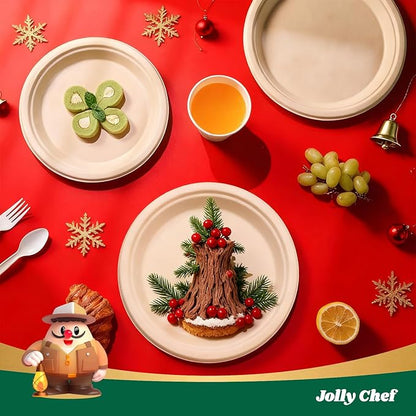 JOLLY CHEF Compostable Heavy Duty Plates 9 Inch [300 Pack] Eco-Friendly Disposable Natural Paper Plates Bagasse Biodegradable Bulk for Party Dinner Sugarcane Fibers Lunch Christmas (Brown)