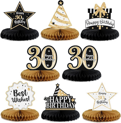 Happy 30th Birthday Decorations,30th Bday Gold Glitter Shiny Stand Honeycomb Table Centerpieces - Cheers to Thirty Years Old Birthday Party Photoprop Gift Sign.