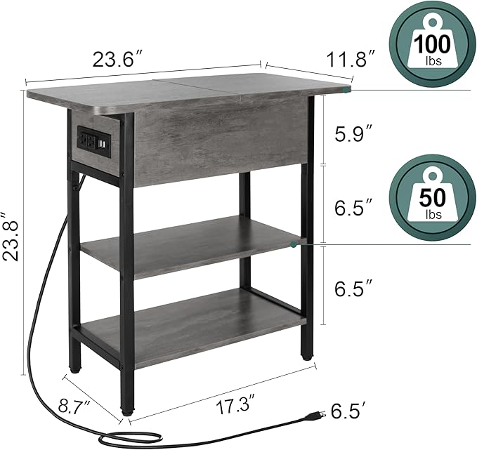 Yoobure End Table with Charging Station, Flip Top Side Table with USB Ports and Outlets, Sofa Couch Table Bedside Table for Living Room Bedroom, Narrow Nightstand with Shelves for Small Space Gray