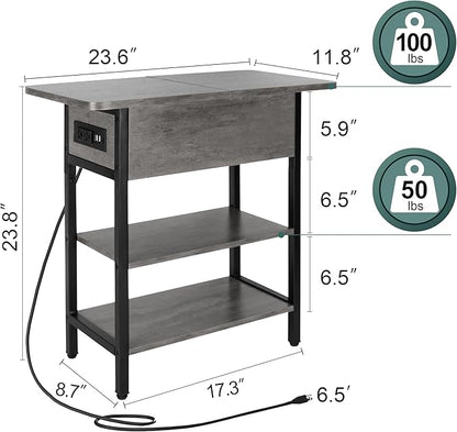 Yoobure End Table with Charging Station, Flip Top Side Table with USB Ports and Outlets, Sofa Couch Table Bedside Table for Living Room Bedroom, Narrow Nightstand with Shelves for Small Space Gray