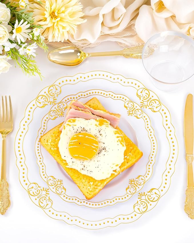 Ciaell 350 PCS Gold Plastic Plates - White and Gold Plates - Gold Disposable Plates Include 50 Disposable Plate, 150 Heavy Duty Silverware, 50 Cups, 50 Napkins for Wedding & Party & Thanksgiving