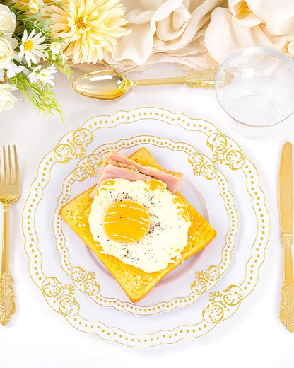 Ciaell 350 PCS Gold Plastic Plates - White and Gold Plates - Gold Disposable Plates Include 50 Disposable Plate, 150 Heavy Duty Silverware, 50 Cups, 50 Napkins for Wedding & Party & Thanksgiving