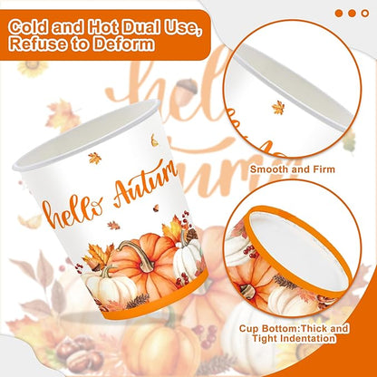 123PCS Autumn Party Supplies for Thanksgiving Themed Fall Pumpkin Decoration Tableware Set with Tablecloth and Banner Leaves Harvest Dessert Plates Napkins Cups Set for 20 Guests