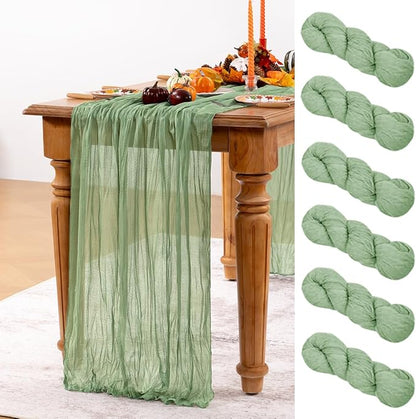 Sage Green Cheesecloth Table Runner 6 Pack Christmas Table Runners Boho Gauze 120 Inches Sage Cheese Cloth Table Decor for Xmas Holiday Season Parties Wedding Bridal Baby Shower Tea Party