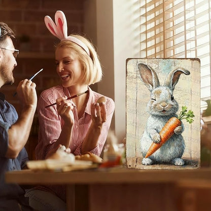 Charming Easter Bunny Metal Sign Vintage Bunny Carrots Rustic Farmhouse Wall Art For Spring Home Decor Living Room Bedroom Kitchen 8x12Inch