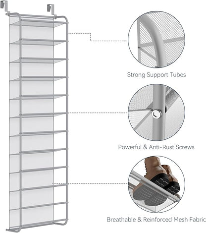 Whitmor 36 Pair Over The Door Shoe Organizer, 12 Tier Hanging Shoe Organizer, Heavy Duty Metal & Mesh Shoe Holder, Hanging Shoe Rack for Closet Organizer & Storage, 69"L x 21.7"W x 7.5"H, Grey