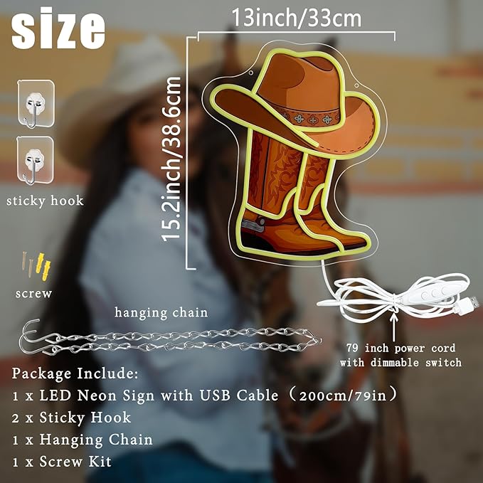 Cowboy Boot Neon Sign Cowboy Hat Neon Light 15.2”x13” Yellow Cowboy LED Sign for Wall Decor Dimmable Western Light Up Signs for Bedroom Game Room Man Cave Presents for Birthday Party Rodeo Enthusiast