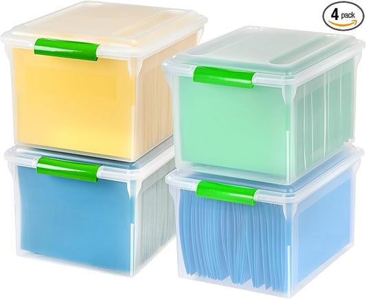 IRIS USA File Box File Organizer Plastic File Box for Letter/Legal File, BPA-Free Plastic Storage Bin Tote Organizer w/Secure Latching Lid and Easy-Slide Pad, Clear 35 Qt. 4Pack