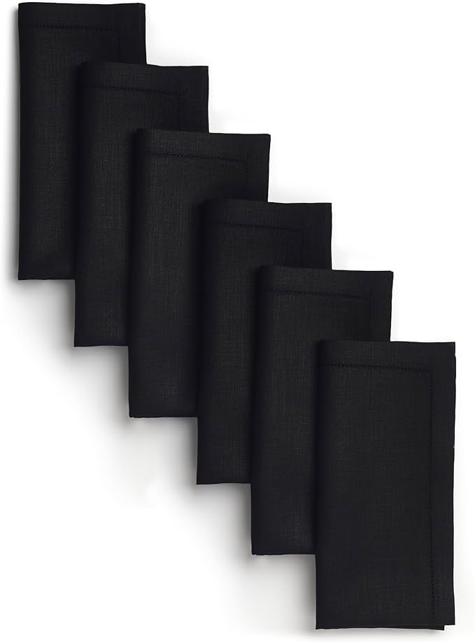 D'Moksha Homes Black Linen Napkins Set of 6 - Classic Hemstitch 100% Pure Linen Hemstitch Dinner Napkins 20 x 20 Inch for Winter, Christmas, Holiday - Handcrafted and Machine Washable