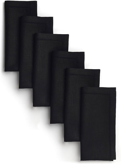 D'Moksha Homes Black Linen Napkins Set of 6 - Classic Hemstitch 100% Pure Linen Hemstitch Dinner Napkins 20 x 20 Inch for Winter, Christmas, Holiday - Handcrafted and Machine Washable