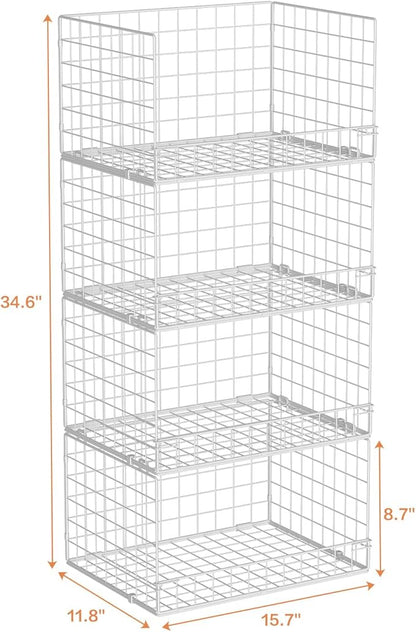 4-Tier Stackable Closet Organizers and Storage Basket, Foldable Closet Shelf Organizer System, Space-Saving Clothes Storage Drawer Organizer for Wardrobe, White (Patent Pending)