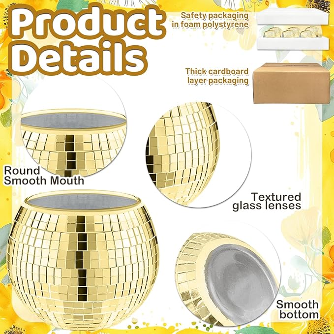 6 Pcs Disco Ball Vase,5" X 6" Disco Ball Centerpieces,Glass Disco Ball Planter Mirror Disco Ball Decor Can Be Used for Wedding Centerpieces,Birthday,Office(Gold)