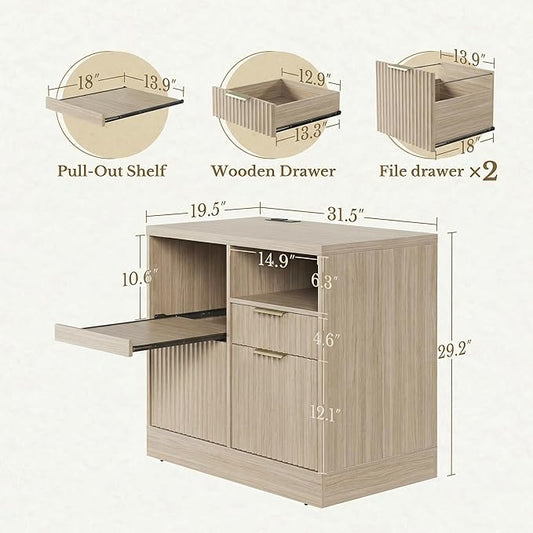 3 Drawer File Cabinet, Fluted Wood Lateral Filing Cabinet with Charging Station for Home Office, Fits for A4/Letter-Sized Files, Printer Stand with Open Storage Shelves, Natural Walnut