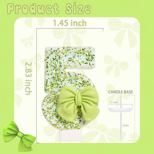 Birthday Candle for Cake, Green Bow Number Cake Candles, 2.76 inch Cake Topper Decoration for Birthday Party (Number 5)