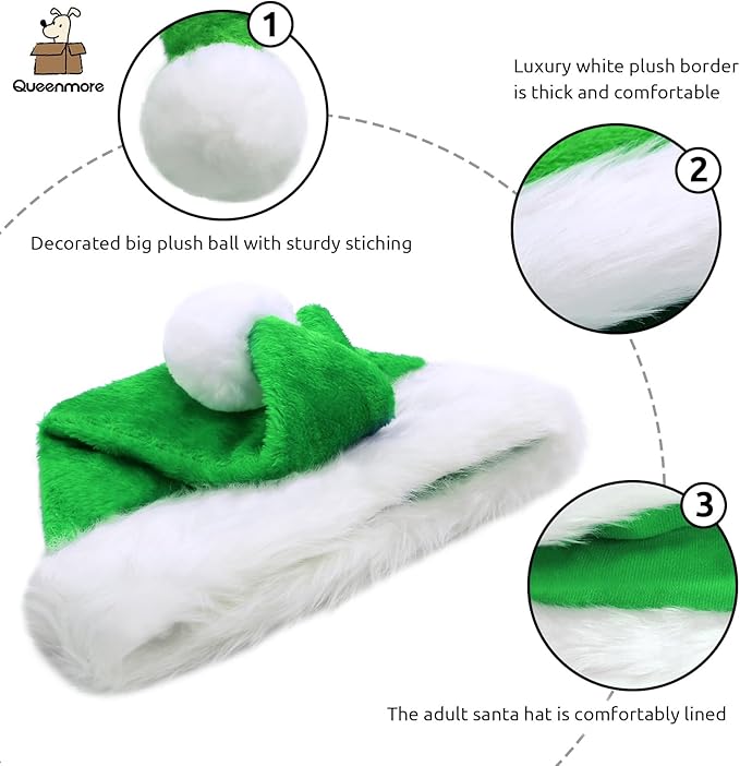 Queenmore Adult's Christmas Santa Claus Hat, Plush Santa Cap, Velvet Headwear, Lined and Fabric-Shedding Resistant