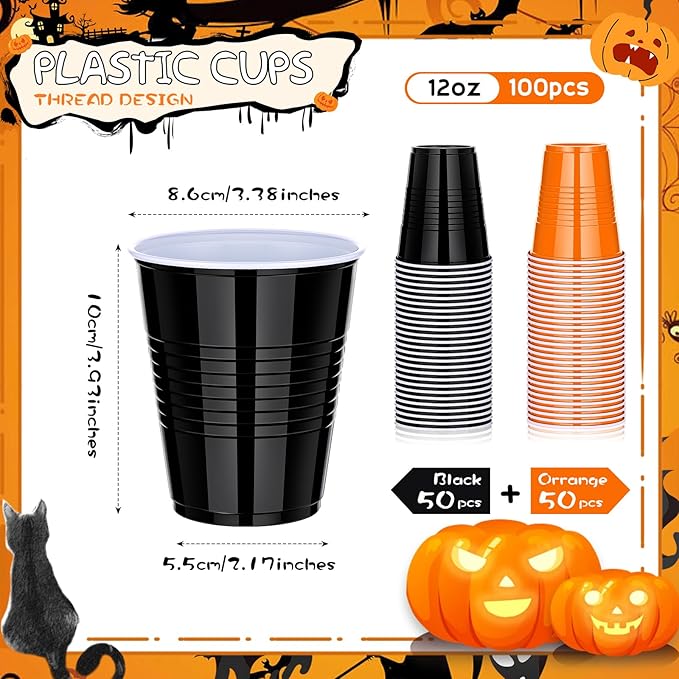 KesaPlan 100 PCS 12 OZ Halloween Fall Plastic Cups for Party, Disposable Black & Orange Cups, Graduation Drinking Cup Bulk for Snack Juice, Halloween Thanksgiving Wedding Birthday Theme Party