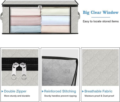HomeHacks Storage 4-Pack Clothes Organizer Storage Bags Foldable Storage Box with Large Clear Window Sturdy Handles for Closet, Dorm, Pillows, Bedding, Clothes, Blankets, 35L, Ivory