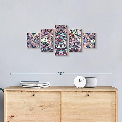 ElephantStock - Mandala Enchantment Wall Art - Horizontal Multi Panel Canvas - 5 Piece Living Room Wall Decor - Digital Art Elements Multi Piece Wall Art - Blue And Beige Decor - 29" x 12"