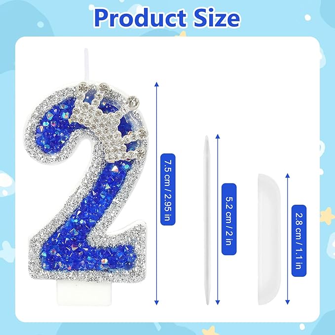 Blue Birthday Candle Crown Number 2 Candle with Sequins Cake Candles Cupcake Decorations Party Decor for Anniversary Celebrations Supplies
