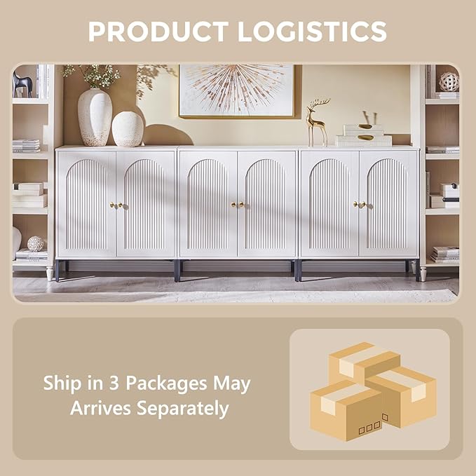 Modern Buffet Cabinet with Storage, 92.63" W Fluted Arched Sideboard Cabinet w/Adjustable Shelves, Wooden Modular Coffee Bar for Dining Room, Kitchen, Living Room, Entryway, White