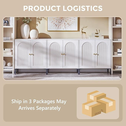 Modern Buffet Cabinet with Storage, 92.63" W Fluted Arched Sideboard Cabinet w/Adjustable Shelves, Wooden Modular Coffee Bar for Dining Room, Kitchen, Living Room, Entryway, White