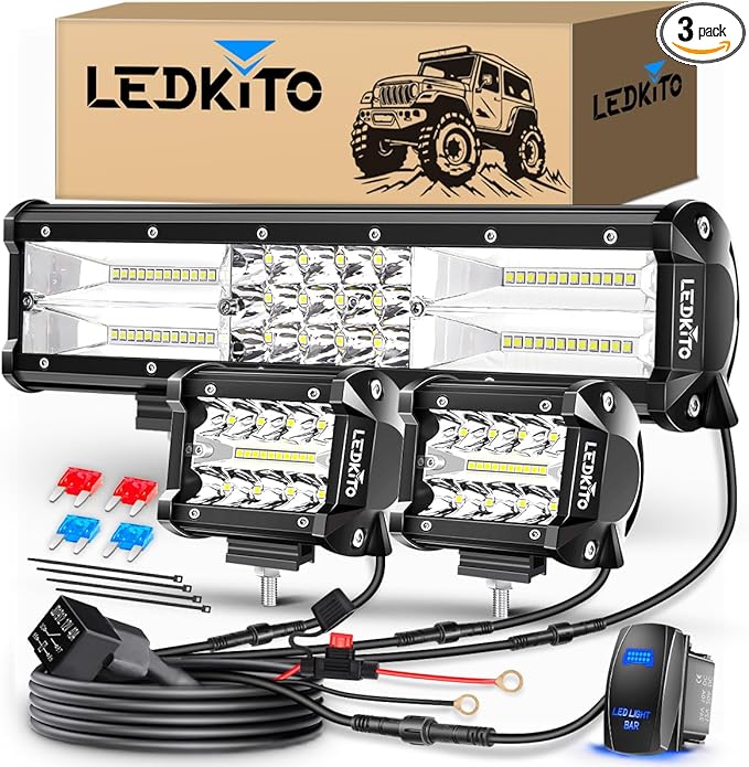 12 Inch LED Light Bar and 2PCS 4In LED Cube Pods Light Work Driving Lamp with Rocker Switch 3Lead Wiring Harness Kit Off Road Lights Spot Flood Combo Lights for ATV UTV SUV Truck Tractor Boat