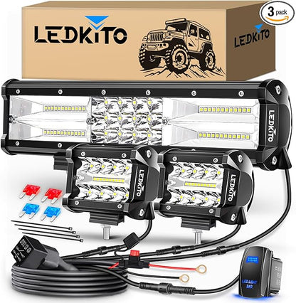 12 Inch LED Light Bar and 2PCS 4In LED Cube Pods Light Work Driving Lamp with Rocker Switch 3Lead Wiring Harness Kit Off Road Lights Spot Flood Combo Lights for ATV UTV SUV Truck Tractor Boat