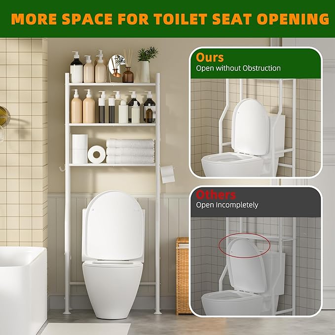 3-Tier Over Toilet Storage with Anti-Tilt Safety System - 150lb Total Capacity Metal Bathroom Shelves Including Paper Holder & 4 Hooks, Space Saving Above Commode Organizer (64" H, White)