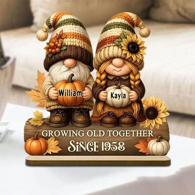 Personalized Gnome Couple Figurine, Growing Old Together Since 1958, Custom Autumn Decoration, Unique Fall Holiday for Couple, Engraved Family Ornament for Parents and Grandparents