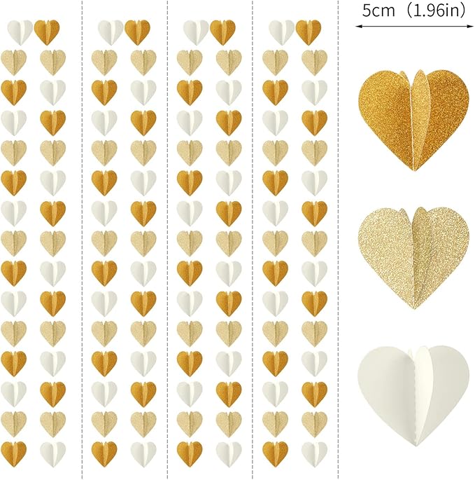 White-Gold Champagne Gold 3D-Heart Garland - 39Ft Christmas Wedding Engagement Hanging Decoration Streamers Banner,Bachelorette Neutral Baby Bridal Shower Valentines Party Decor Ouruola