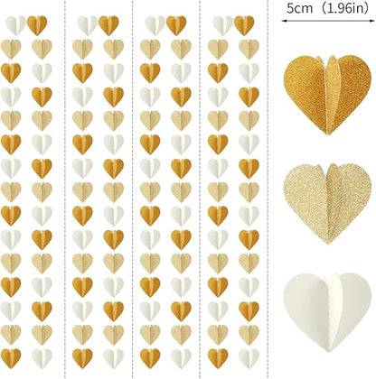 White-Gold Champagne Gold 3D-Heart Garland - 39Ft Christmas Wedding Engagement Hanging Decoration Streamers Banner,Bachelorette Neutral Baby Bridal Shower Valentines Party Decor Ouruola