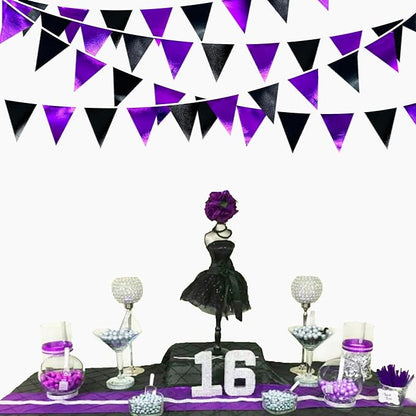 Purple and Black Party Decorations Metallic Fabric Triangle Pennant Banner Flag Bunting Garland for Graduations Birthday Retirement Wedding Baby Shower Bachelorette Halloween Outdoor Party Supplies