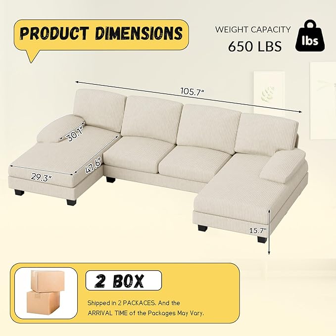 JUMMICO Sectional Couches for Living Room, U Shaped Couch with Chenille Fabric, 4 Seat Modern Sofa with Removable Pillows for Apartment and Small Space (Corduroy, Beige)