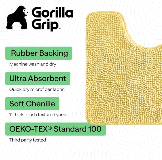 GORILLA GRIP Plush Absorbent Shaggy Chenille Bath Rug Mat for Oval Toilet Base with Rubber Backing, Machine Washable Rugs, Soft Microfiber Contour Mats for Toilets, Bathroom Decor, Yellow