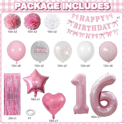 16th Birthday Decorations for Girls Pink Number 16 Balloon Bow Coquette Happy Birthday Banner Fringe Curtain Paper Pom Poms Star Heart Foil Pink White Balloons 16 Year Old Party Decor for Her