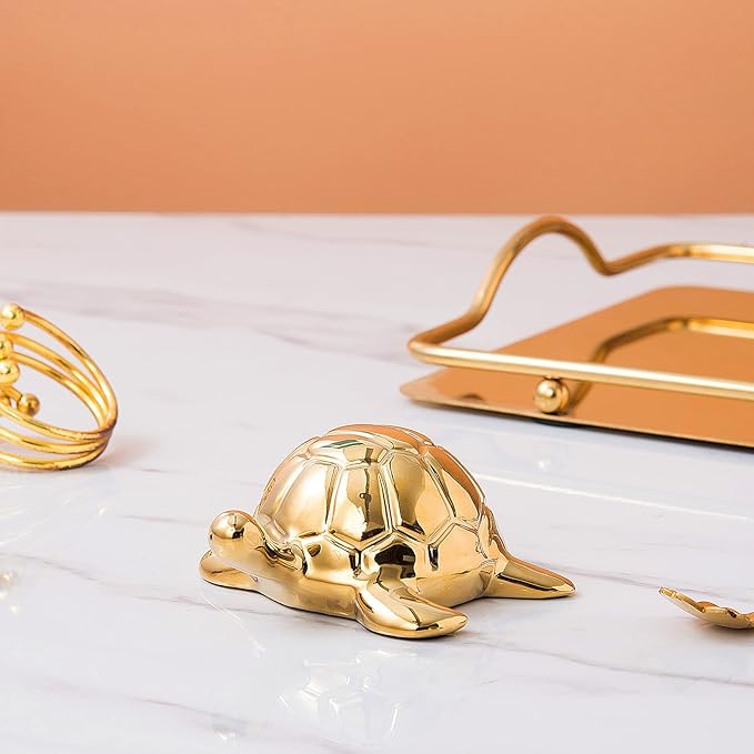 Golden Turtle Statue, Ceramic Turtle Ornament for Home Decor - Gold Tabletop Decoration, Collectible Decor for Elderly, Turtle Sculpture for Bookshelf, Desk, Nightstand